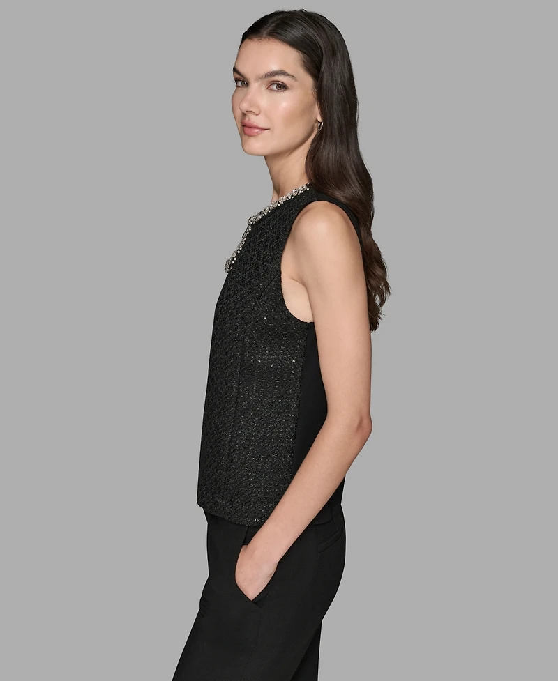 Karl Lagerfeld Paris Women's Novelty Embellished Neck Top