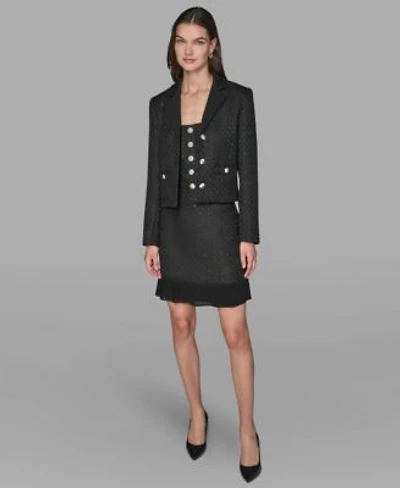 Karl Lagerfeld Paris Womens Novelty Cropped Button Front Jacket Button Detail Top Pleated Mini Skirt