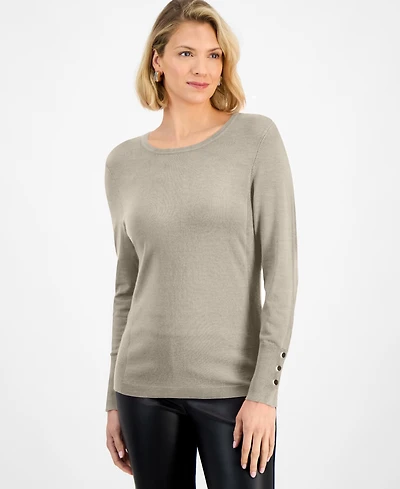 Jm Collection Women's Button-Sleeve Crewneck Sweater, Created for Macy's