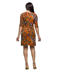 24seven Comfort Apparel Women's Elbow Sleeve Ruched Tulip Fall Print Mini Dress