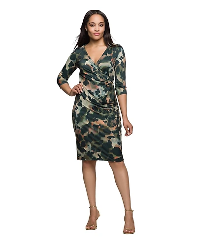 24seven Comfort Apparel Women's Three Quarter Sleeve Faux Wrap Dress