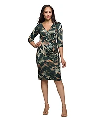 24seven Comfort Apparel Women's Three Quarter Sleeve Faux Wrap Dress