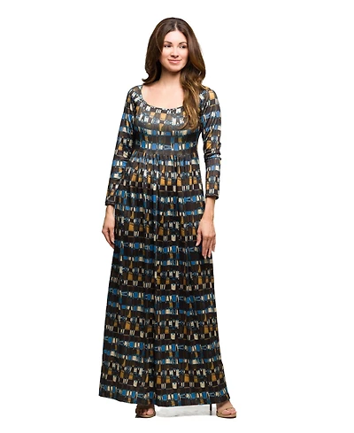 24seven Comfort Apparel Women's Brown Geometric Print Long Sleeve Dress