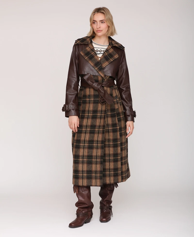Avec Les Filles Women's Plaid Oversized Maxi Trench Coat
