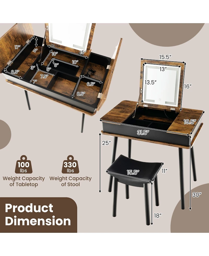 Vanity Table Set with Flip Top Mirror and 6 Storage Compartments