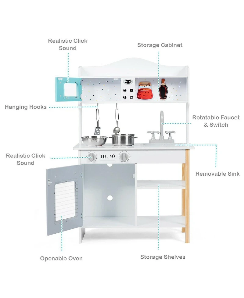 Akiudex Wooden Kids Play Kitchen Set with Sink, Stove, Oven, and Accessories