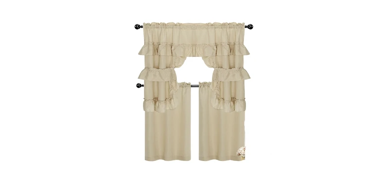 Kate Aurora Country Farmhouse Living Solid Colored Cafe Kitchen Curtain Tier & Swag Valance Set - 56 in. W x 36 L, Linen Taupe