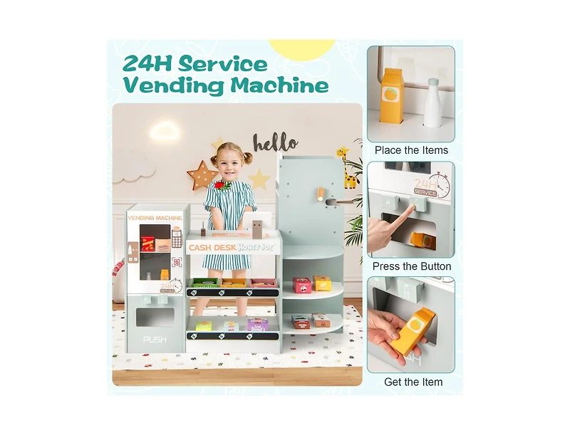 Akiudex Kids Wooden Grocery Store Playset with Cafe Playing and Vending Machine