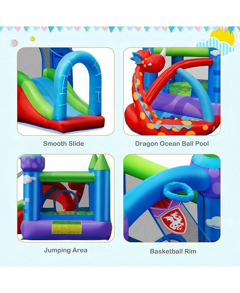 Inflatable Dragon Bounce House with Slide Basketball Rim and Ball Pit for Kids