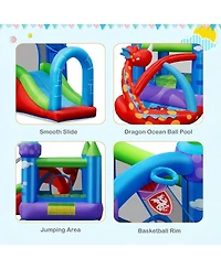 Inflatable Dragon Bounce House with Slide Basketball Rim and Ball Pit for Kids