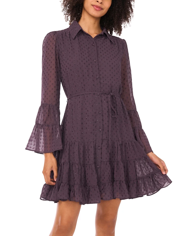 CeCe Women's Tiered Long Sleeve Shirtdress