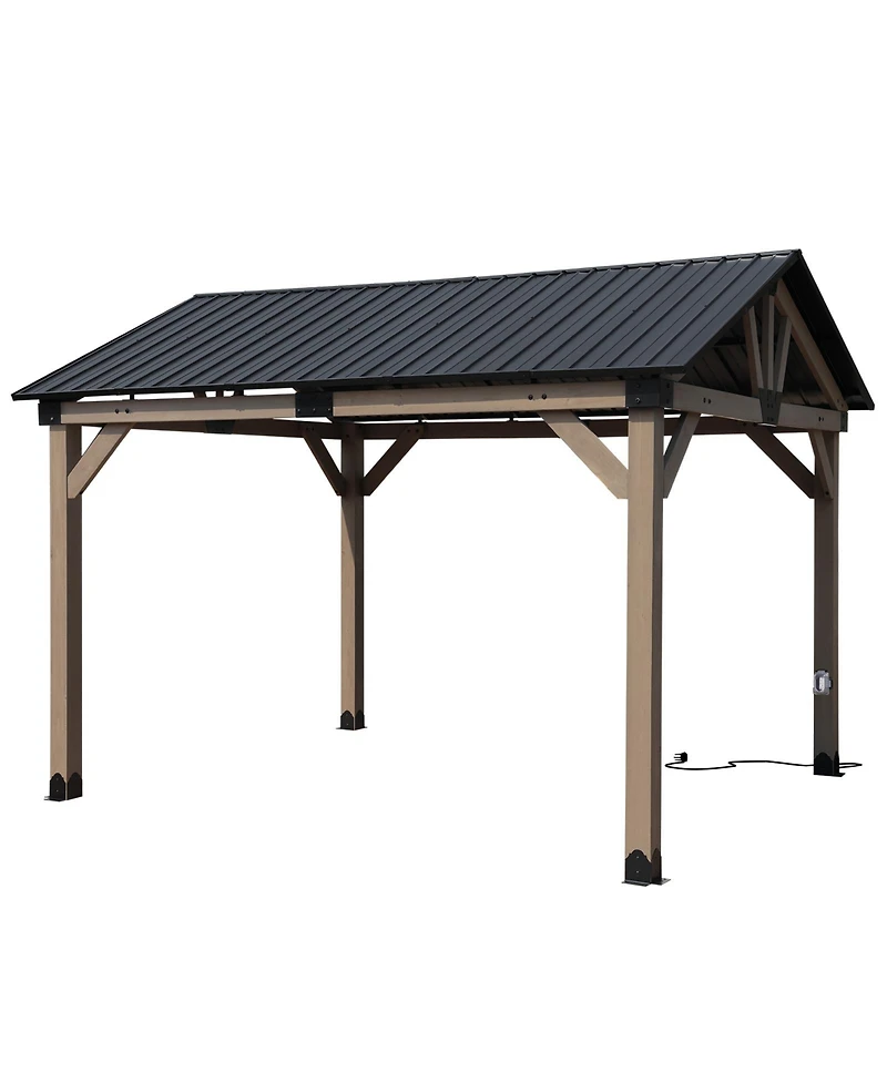 Aoodor 10 x 12 ft Wooden Frame Gazebo with Galvanized Metal Hardtop Roof, Outdoor Patio Gazebo with Charging Socket for Patio
