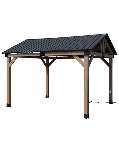 Aoodor 10 x 12 ft Wooden Frame Gazebo with Galvanized Metal Hardtop Roof, Outdoor Patio Gazebo with Charging Socket for Patio