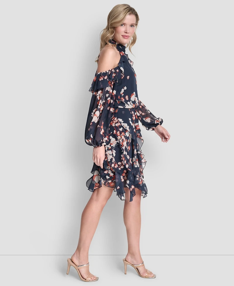 Dkny Cold Shoulder Mock Neck Ruffle Dress