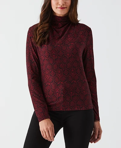 Ella Rafaella Petite Honeycomb Mosaic Print Ruched Mock Neck Long Sleeve Top