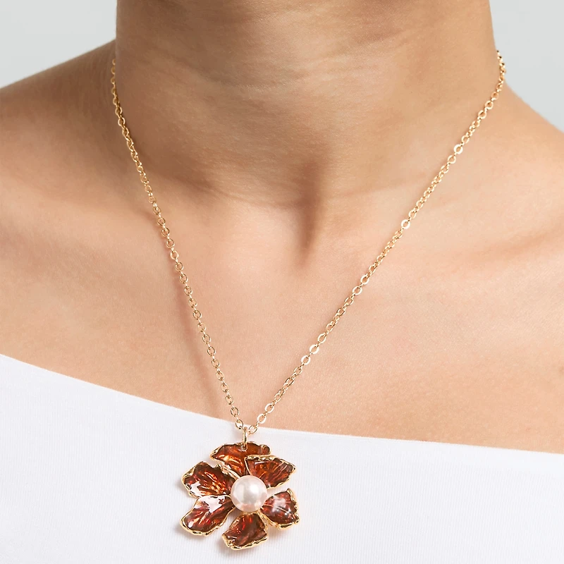 Bcbg Gold-Tone Floral Pendant Necklace with Pearl Detail