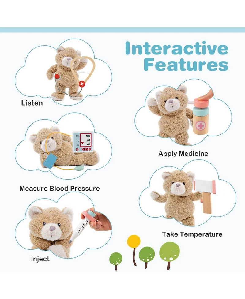 Wooden Doctor Play Set with Clock Sink Eye Chart Ecg Monitor Exam Area Storage