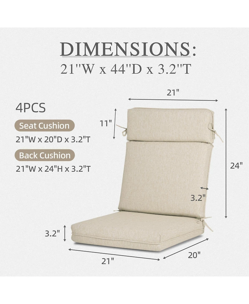 Aoodor Outdoor High Back Dining Chair Cushion with Ties and Zipper, 44"x21"x3.2