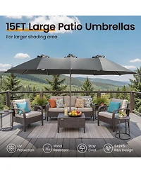 Xizzi 15ft Solar Umbrella Smart Led Lighted Patio Umbrella,12 Heavy Duty Ribs Large Outdoor Double Sided Rectangle with Light Modes and Base