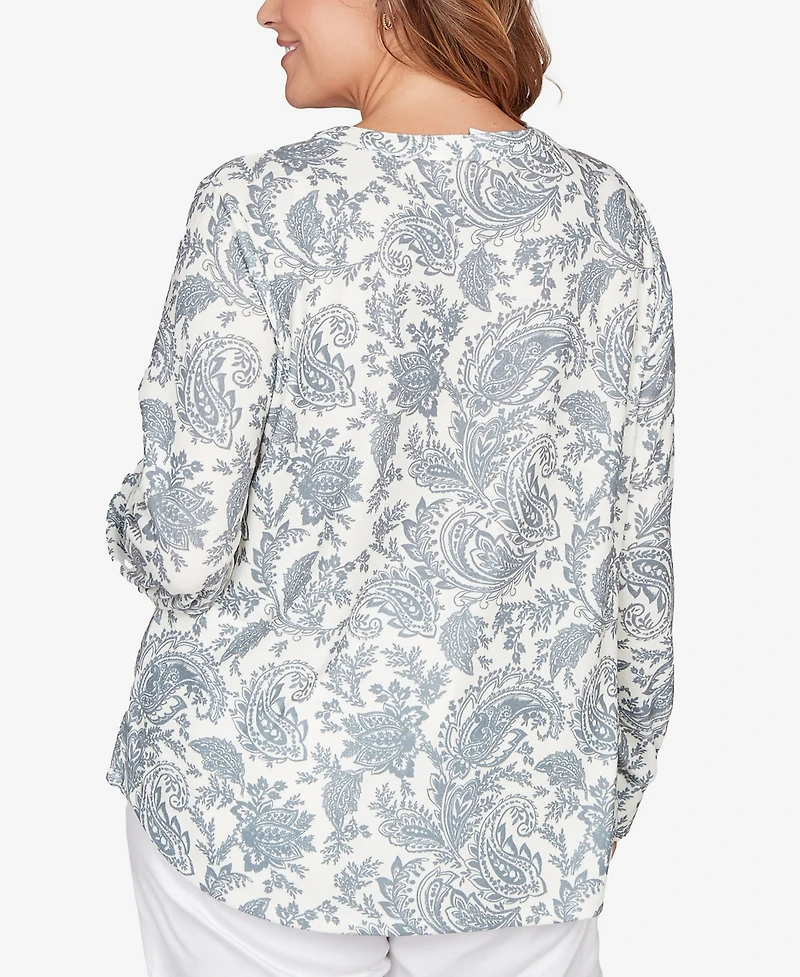 Hearts Of Palm Plus Printed Long Sleeve Hatchi Lace Neck Tunic Top