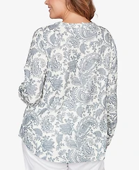 Hearts Of Palm Plus Printed Long Sleeve Hatchi Lace Neck Tunic Top