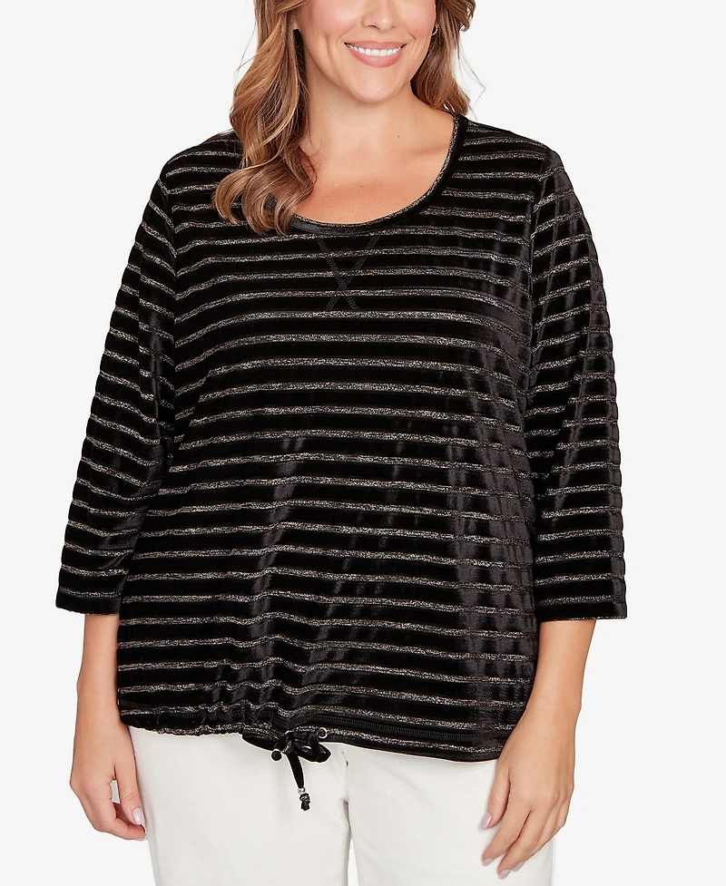 Hearts Of Palm Plus Long Sleeve Metallic Stripe Blouson Top