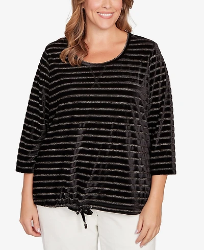 Hearts Of Palm Plus Long Sleeve Metallic Stripe Blouson Top