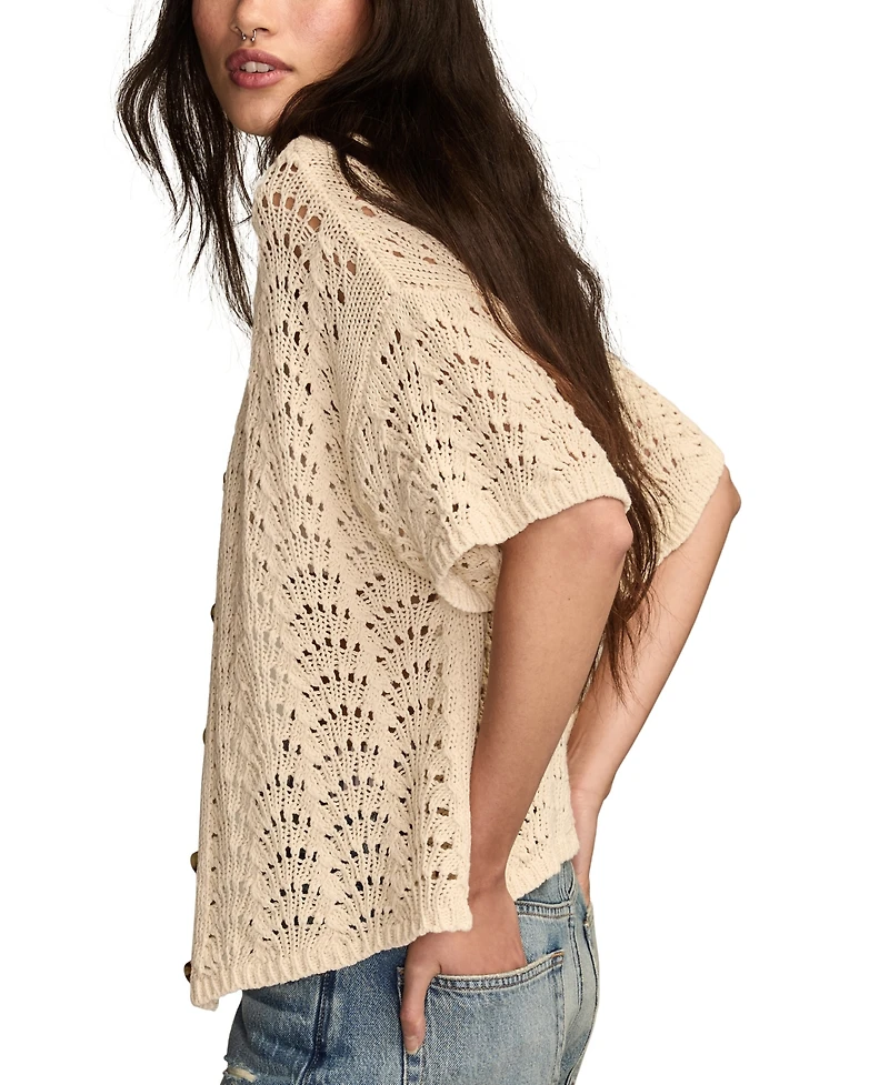 Lucky Brand Short Sleeve Cropped Button Up Sweater