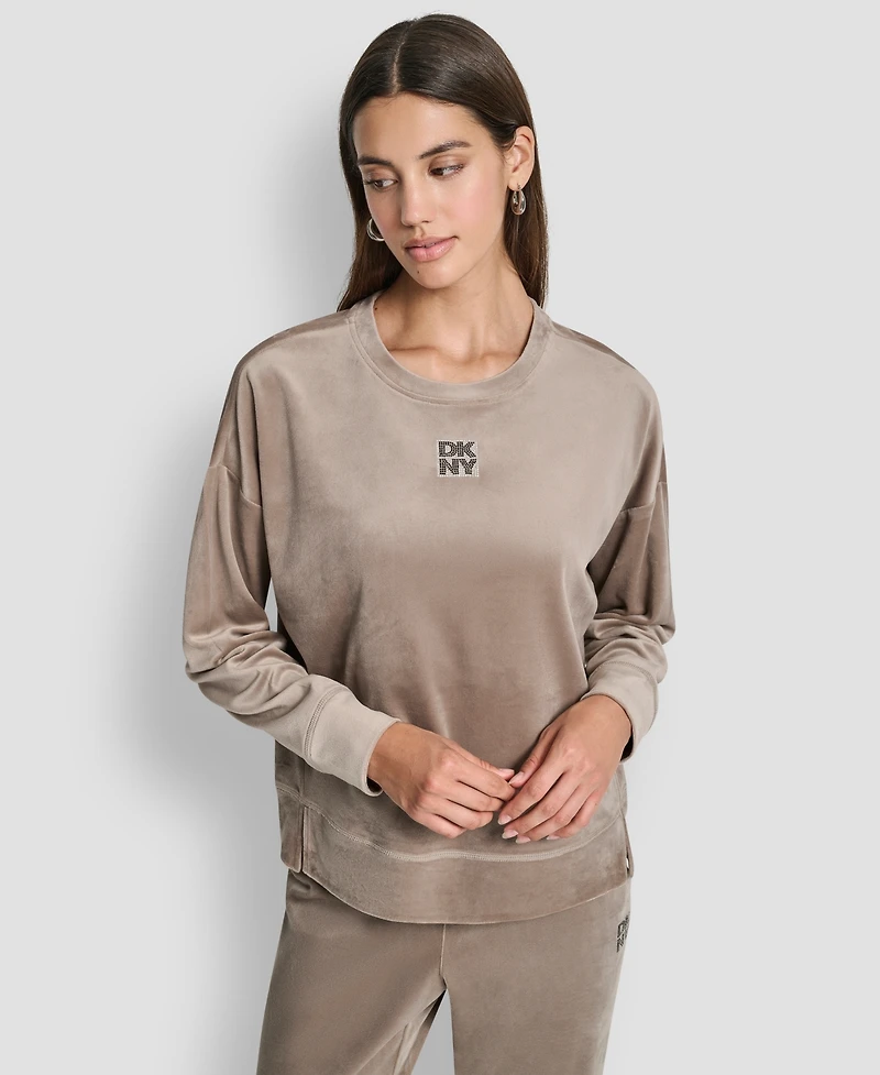 Dkny Women's Rhinestone Stacked Logo Crewneck Pullover