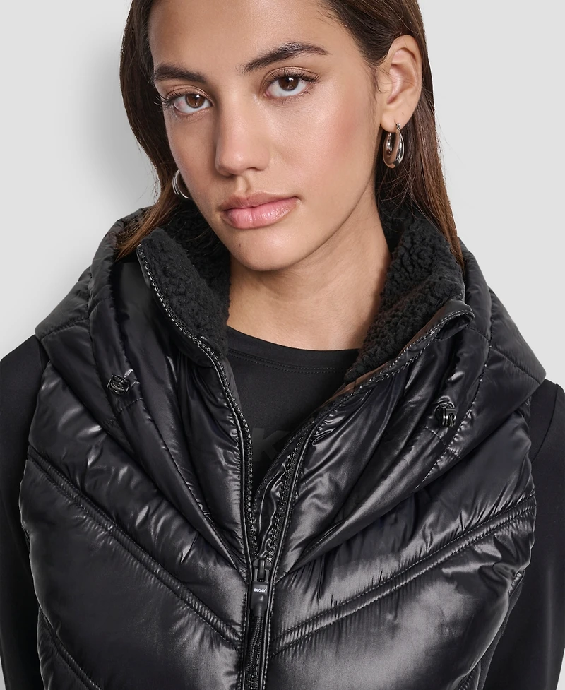Dkny Women's Contrast Collar Hooded Puffer Vest
