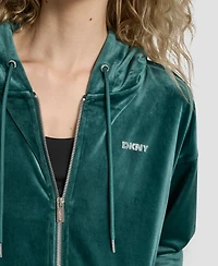 Dkny Women's Platinum Velour Rhinestone Logo Full-Zip Hoodie