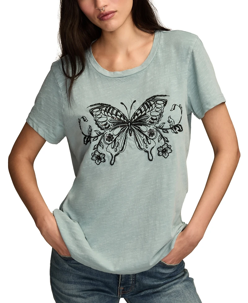 Lucky Brand Women's Linear Butterfly Classic Crew Neck T-Shirt
