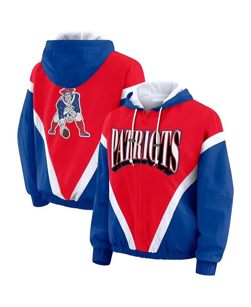 Wear by Erin Andrews Women's Red/Navy New England Patriots Retro Crinkle Full-Zip Hoodie Windbreaker Jacket
