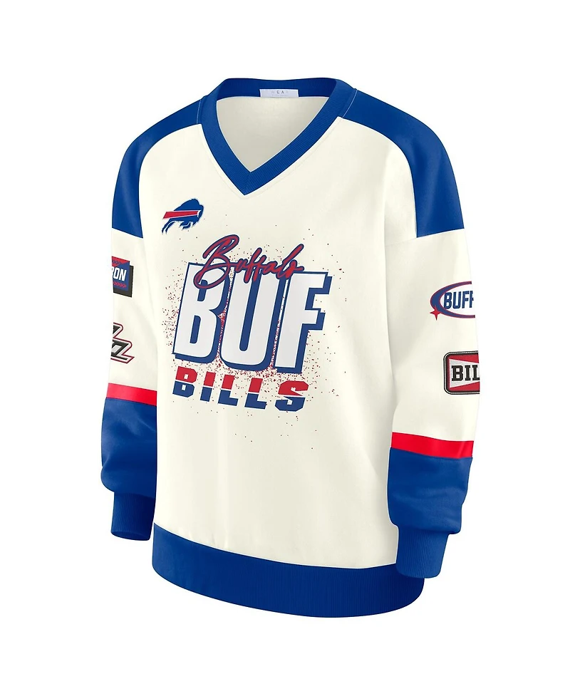 Wear by Erin Andrews Women's Cream Buffalo Bills Racing Crew V-Neck Sweatshirt