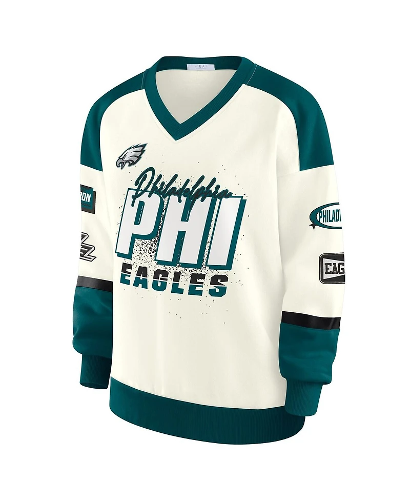 Wear by Erin Andrews Women's Cream Philadelphia Eagles Racing Crew V-Neck Sweatshirt