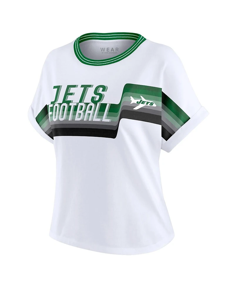 Wear by Erin Andrews Women's White New York Jets Cropped Center Stripe Dolman T-Shirt