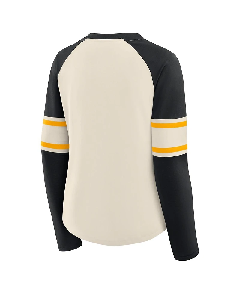 Fanatics Women's Cream/Black Pittsburgh Steelers Hometown Gridiron Hero Raglan Lace-Up V-Neck Long Sleeve T-Shirt