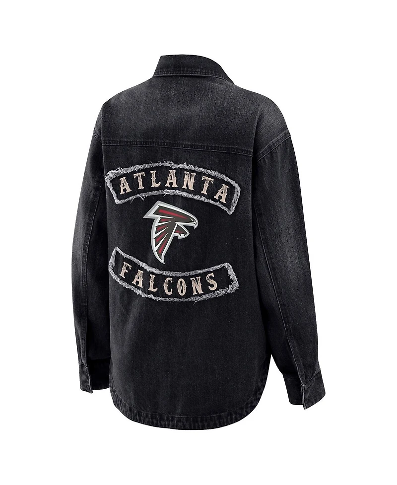 Wear by Erin Andrews Women's Black Atlanta Falcons Washed Oversized Denim Full-Snap Shacket