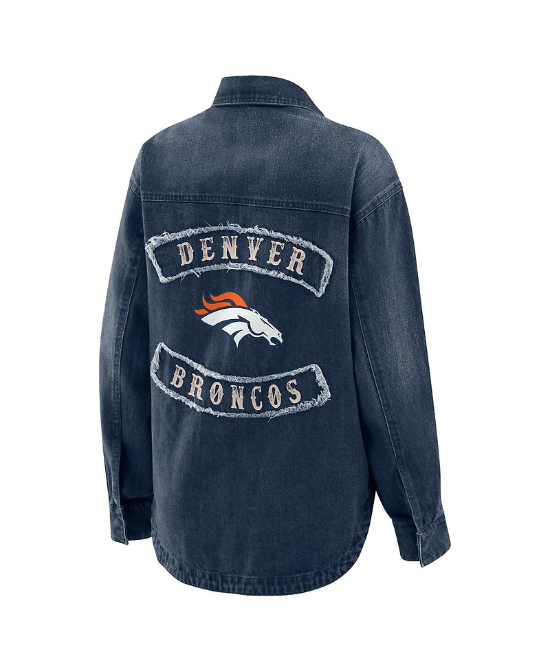 Wear by Erin Andrews Women's Denim Denver Broncos Washed Oversized Full-Snap Shacket