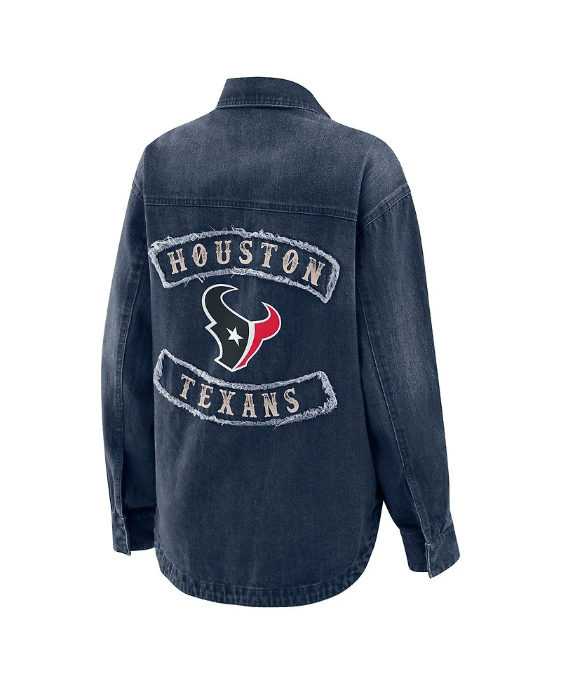Wear by Erin Andrews Women's Denim Houston Texans Washed Oversized Full-Snap Shacket