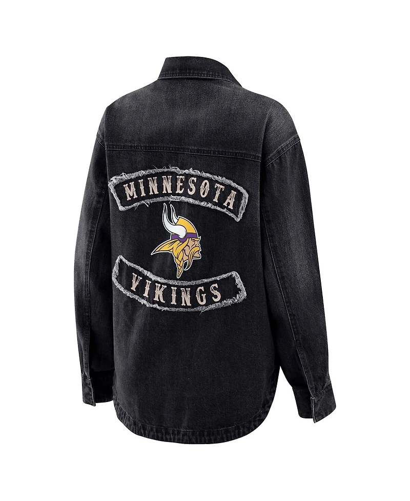 Wear by Erin Andrews Women's Black Minnesota Vikings Washed Oversized Denim Full-Snap Shacket