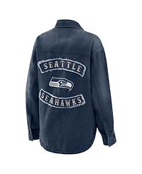 Wear by Erin Andrews Women's Denim Seattle Seahawks Washed Oversized Full-Snap Shacket