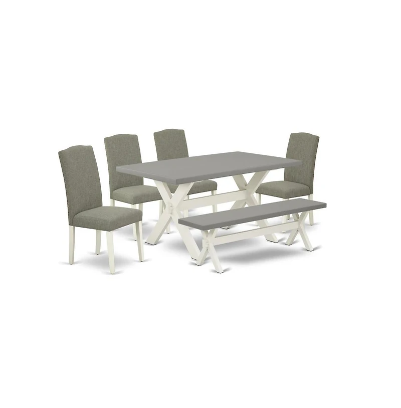 East West Furniture 6-Piece Stylish Rectangular Dining Room Table Set a Superb Cement Color Kitchen Table Top and Cement Color Dining Bench