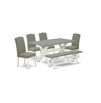 East West Furniture 6-Piece Stylish Rectangular Dining Room Table Set a Superb Cement Color Kitchen Table Top and Cement Color Dining Bench