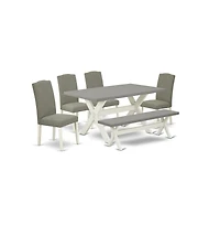 East West Furniture 6-Piece Stylish Rectangular Dining Room Table Set a Superb Cement Color Kitchen Table Top and Cement Color Dining Bench