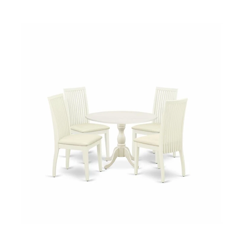 East West Furniture 5 Piece Dining Room Set Contains 1 Drop Leaves Dining Table and 4 Linen White Mid Century Chair with Slatted Back