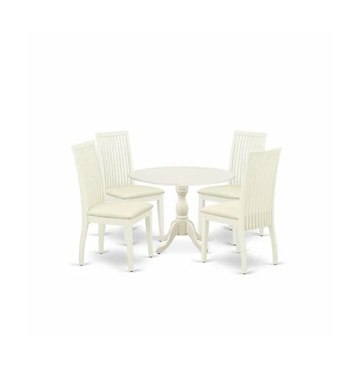 East West Furniture 5 Piece Dining Room Set Contains 1 Drop Leaves Dining Table and 4 Linen White Mid Century Chair with Slatted Back