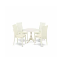 East West Furniture 5 Piece Dining Room Set Contains 1 Drop Leaves Dining Table and 4 Linen White Mid Century Chair with Slatted Back