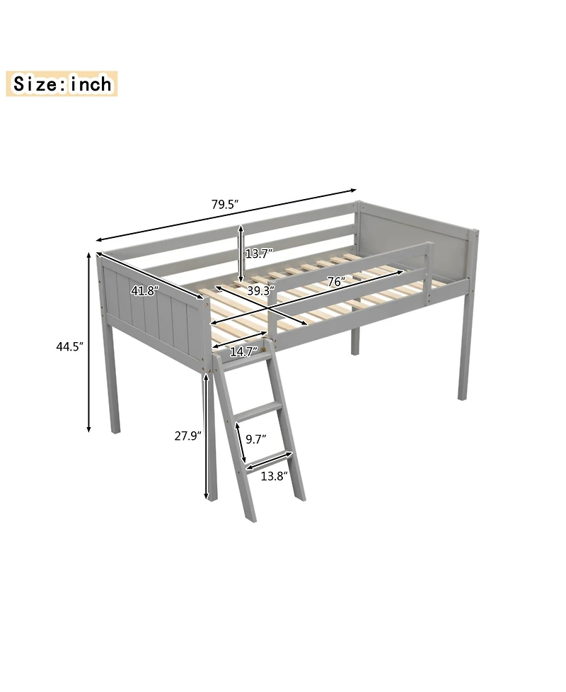 Twin Wood Low Loft Bed with Ladder, ladder can be placed on the left or right