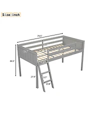 Twin Wood Low Loft Bed with Ladder, ladder can be placed on the left or right